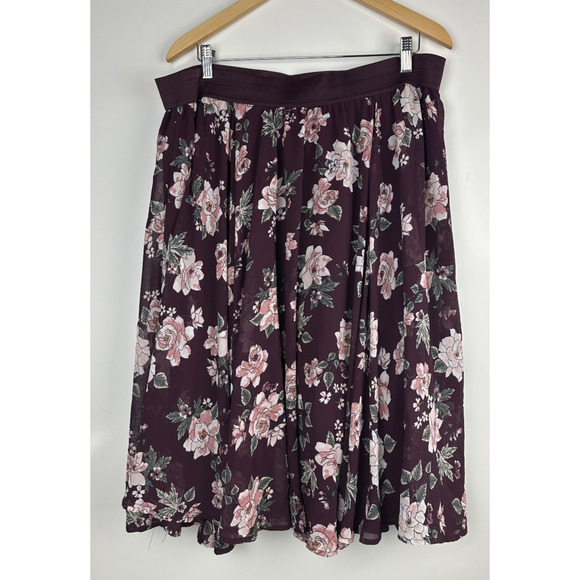 Torrid Floral Midi Chiffon Tulle Lined Skirt Burgundy Pull On Plus Size 2 2X - Picture 2 of 11
